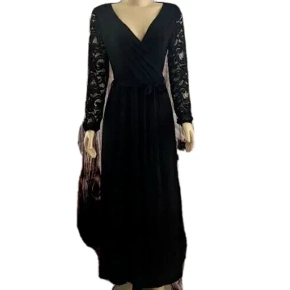 Kranda Dresses | New Kranda Floral Lace Long Sleeve Faux Wrap V Neck Party Dress Maxi Size L | Color: Black | Size: L | Pm-25670095'S Closet
